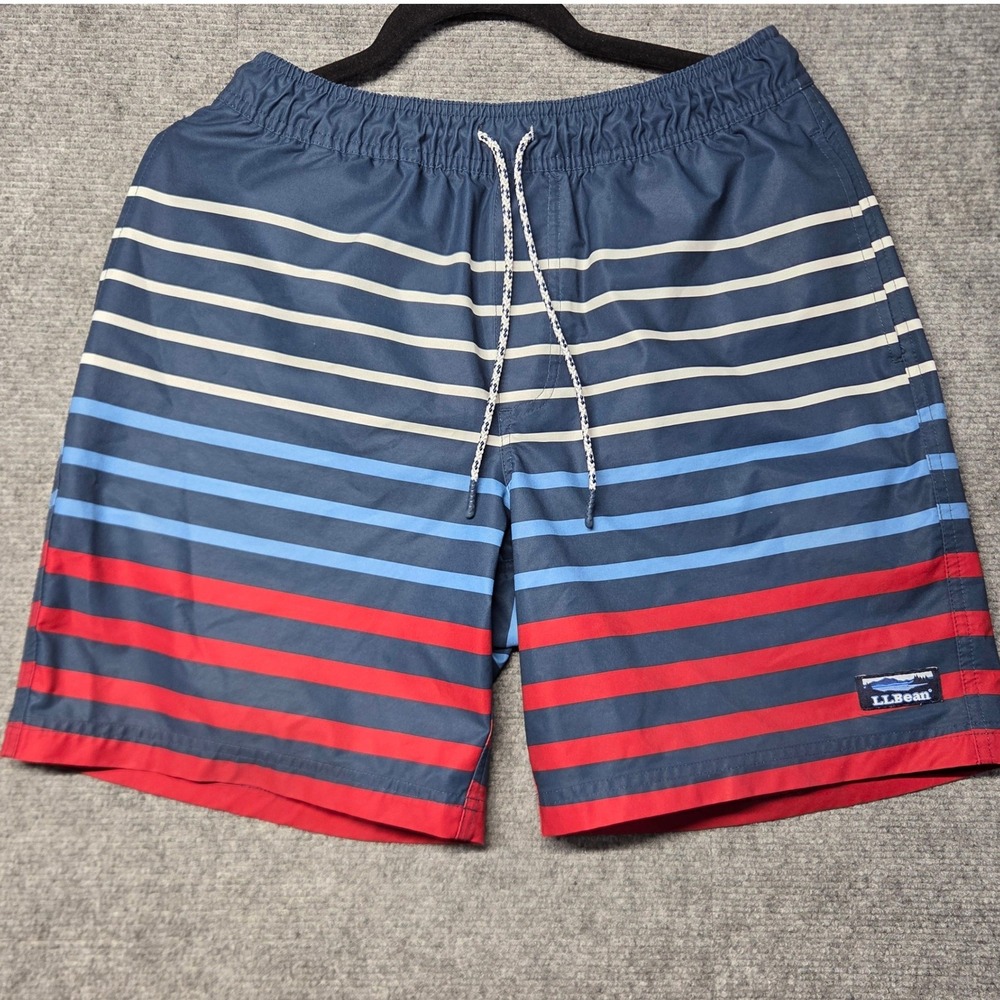 LL Bean Mens Striped Swim Trunks Navy Blue Red White Board Shorts M 7.5 Inseam
